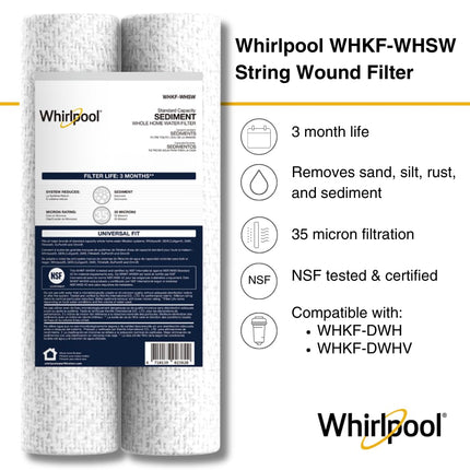 Whirlpool 35 Micron 10" x 2.5" String Wound Whole House Water Filters, NSF Certified Reduces Sediment, WHKF-WHSW, 2-Pack