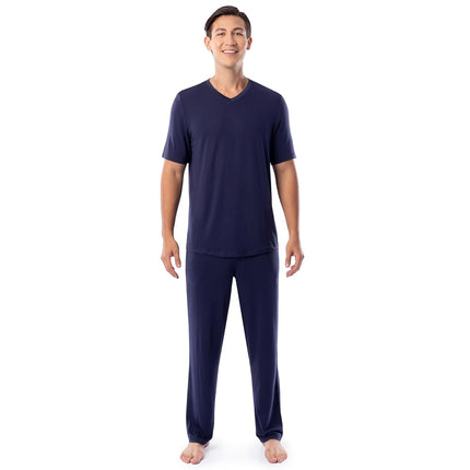 Fruit of the Loom Ensemble de Pyjama pour Homme en Jersey de Coton, T-Shirt à Manches Courtes et Col en V, Pantalon, Bleu Marine, Taille M