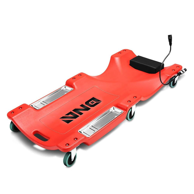 DNA MOTORING 40 Inch Low Profile Plastic Rolling Garage Shop Floor Creeper with LED Light, Padded Headrest, Dual Tool Trays, Casters, Red, TOOLS-00389