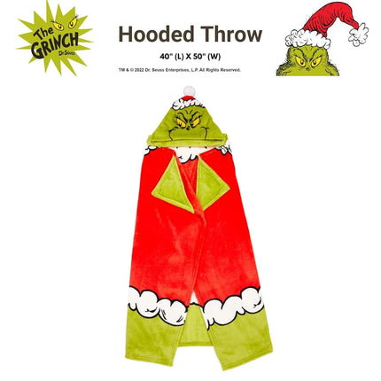 Franco Dr. Seuss The Grinch Holiday Christmas Kids Bedding Soft Cozy Hooded Throw Blanket, 40 in x 50 in, (Officially Licensed Product)