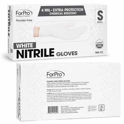 ForPro Disposable Nitrile Gloves, Chemical Resistant, Powder-Free, Latex-Free, Non-Sterile, Food Safe, 4 Mil, White, Small, 100-Count