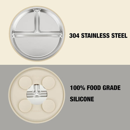 PandaEar 3 Pack Stainless Steel Baby Suction Plates, Divided Toddler Plate for Baby Led Weaning Supplies, Non-Slip Toddler Baby Feeding Set Dishwasher Safe (Blue/Green/Brown)