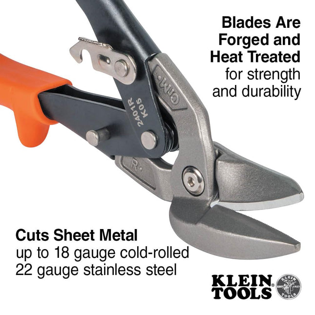 Klein Tools 2401R Right-Cutting Offset Snips, Aviation Tin Snips with Forged Blade for Precision Sheet Metal Cutting
