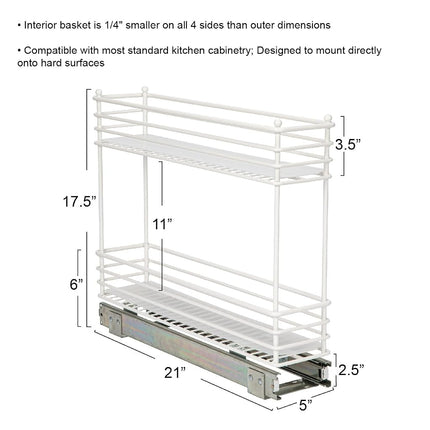 Household Essentials Narrow Sliding Cabinet Organizer, Two Tier Organizer, White, Great for Slim Cabinets in Kitchen, Bathroom and More