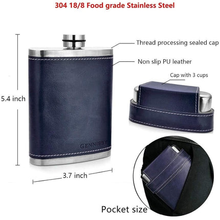 Flacon de hanche GENNISSY 240 ml pour hommes - Flasque à whisky en acier inoxydable 304 (18/8), étanche avec revêtement en cuir bleu marine - Comprend un entonnoir et 3 mini-tasses pour papa, cadeaux, voyage