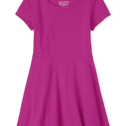 The Children's Place Girls Short Sleeve Solid Pleated Casual Dress, Aurora Pink, 5T US, Aurora Pink, 5T
