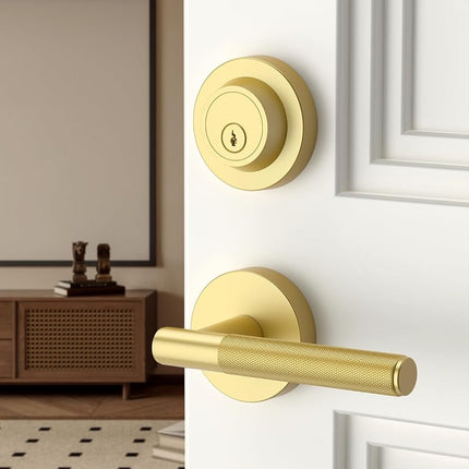 Asidrama Premium Brushed Gold Zinc-Alloy Front Door Lock Set: Double Cylinder Deadbolt, Heavy Duty Security Handleset for Left/Right Exterior Doors, Universal Entry Locks (2 Pack)