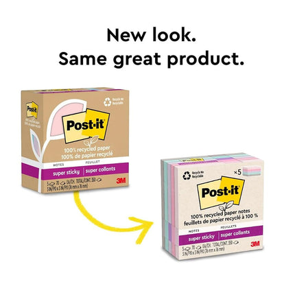 Post-it 100% Recycled Paper Super Sticky Notes, 2X The Sticking Power, 3x3 in, 5 Pads, 70 Sheets/Pad, Wanderlust Pastels Collection (654R-5SSNRP)