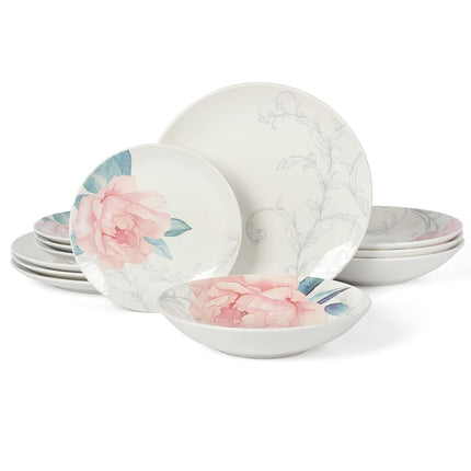Martha Stewart Empress Bouquet Decorated Porcelain Dinnerware Plates and Bowls Set - Blue Floral, Service for 6 (30pcs)