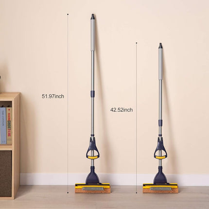 Yocada Fregona de esponja para uso comercial y doméstico, para limpieza de azulejos, baños, garajes, con 2 cabezales de esponja en total, escurridor y mango telescópico extensible largo de 42.5 a 52 pulgadas, fácil de escurrir y secar