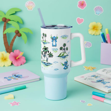 Silver Buffalo Lilo And Stitch Palm Sketch Pattern Stainless Steel Tumbler w Handle, 40 Ounces