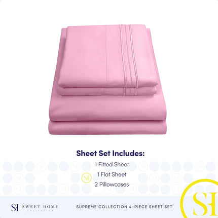 Sweet Home Collection Luxury Bedding Set with Flat, Fitted Sheet, 2 Pillow Cases, Microfiber, Pink, King