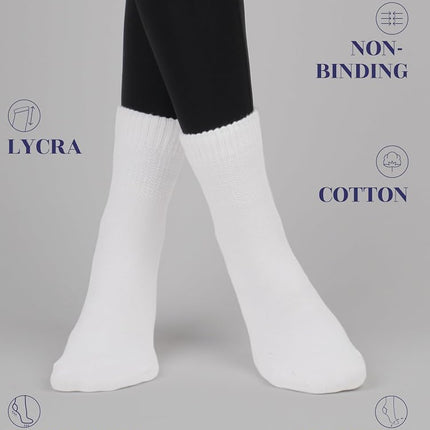 HUGH UGOLI Women's Cotton Diabetic Ankle Socks, Wide, Thin, Loose Fit and Stretchy, Seamless Toe & Non Binding Top, 4 Pairs, White, 6-9