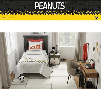 Franco Peanuts 75th Anniversary Snoopy & Woodstock Bedding Super Soft Cozy 2 Piece Twin Coverlet Quilt and Sham Set, (Official Peanuts Product)