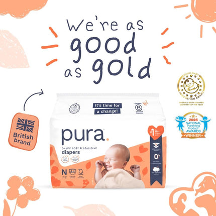 Pura Newborn Baby Diapers - Size N (Up to 10 lbs), 28 Count, Cloud Soft Disposable Diapers for Sensitive Skin, Totally Chlorine Free, Blowout Blocker & Wetness Indicator
