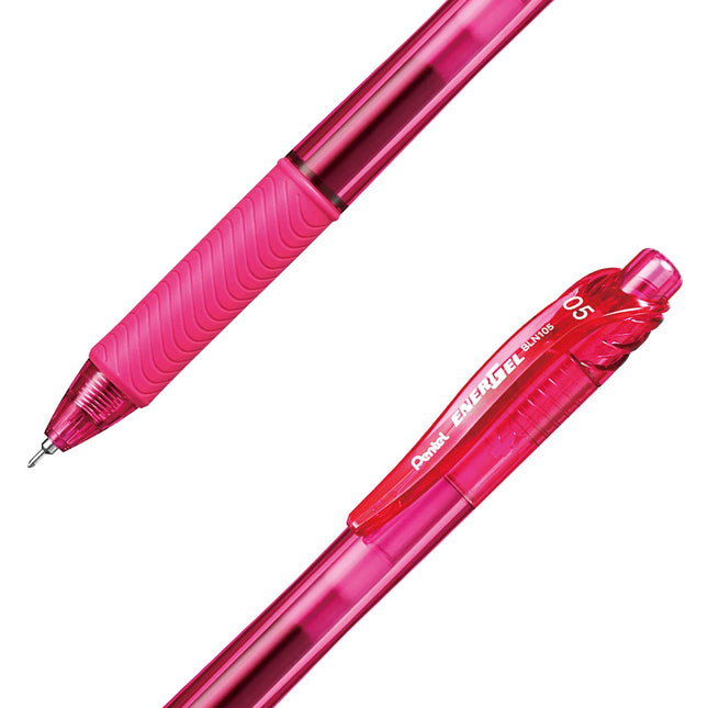 Stylo gel liquide rétractable Pentel EnerGel-X (0,5 mm), pointe aiguille, trait fin, encre rose, boîte de 12 (BLN105-P)
