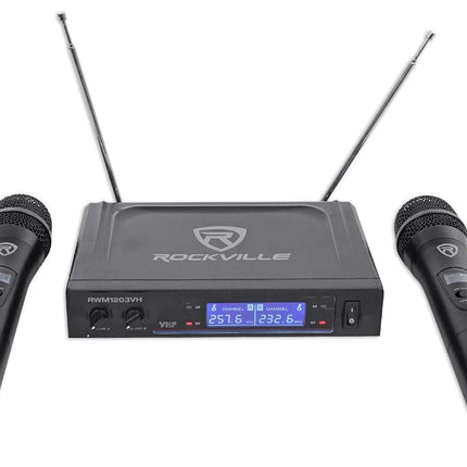 Rockville RWM1203VH Dual Wireless Handheld Microphone System, 2 Mics, VHF Long Range, Clear Sound, Digital Display, for Karaoke, Stage, Church, Live Events
