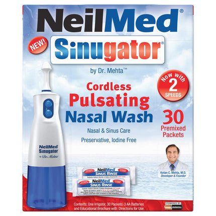 NeilMed Sinugator Cordless Pulsating Nasal Wash with 30 Premixed Packets