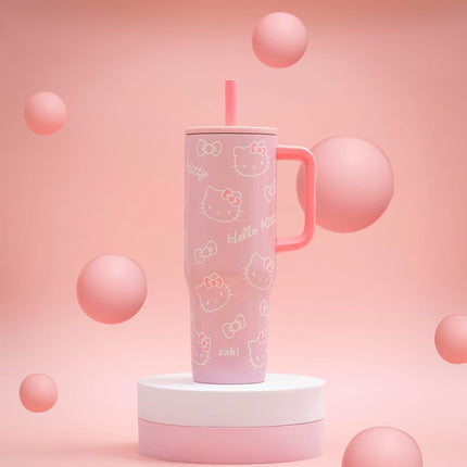 Zak Designs Sanrio Sutton Travel Tumbler for On The Go, 30oz Stainless Steel with Vacuum Insulation, Silicone Straw, and Carry Handle for Cold Drinks (Hello Kitty)