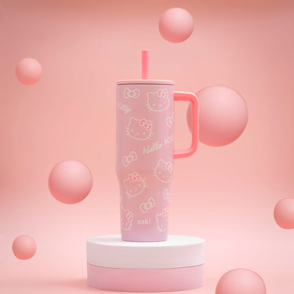 Vaso de viaje Zak Designs Sanrio Sutton para llevar, 30 oz, acero inoxidable con aislamiento al vacío, pajita de silicona y asa de transporte para bebidas frías (Hello Kitty)