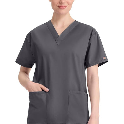 Dickies EDS Signature Scrubs for Women, V-Neck Womens Tops in Soft Brushed Poplin 86706, Pewter, XXL Plus