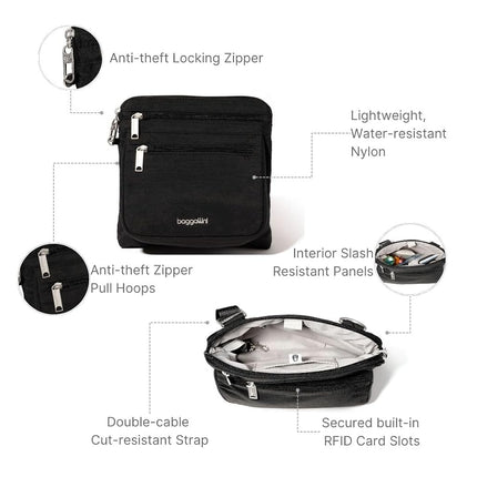 Baggallini Securtex Anti-Theft Crossbody 8.25" Small / 10" Large Travel Purse with RFID Card Slots & Cut-Resistant Strap, Black, Small 8.25"w x 8.25"h