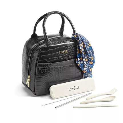 Sac à déjeuner moderne Fit & Fresh Lyon avec couverts de voyage pour femme, sac à déjeuner isotherme pour femme pour le travail, grande boîte à déjeuner étanche et résistante aux taches pour femme, simili cuir crocodile, noir