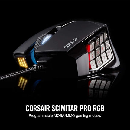 Ratón óptico para juegos MMO Corsair Scimitar Pro RGB (sensor óptico de 16.000 ppp, 12 botones laterales programables, iluminación RGB multicolor de 4 zonas, almacenamiento interno) - Negro