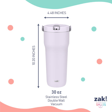 Zak Designs Sutton Vaso térmico de viaje para llevar, 887 ml, acero inoxidable con aislamiento al vacío, boquilla con pajita, asa de transporte para bebidas frías (lila ahumado)