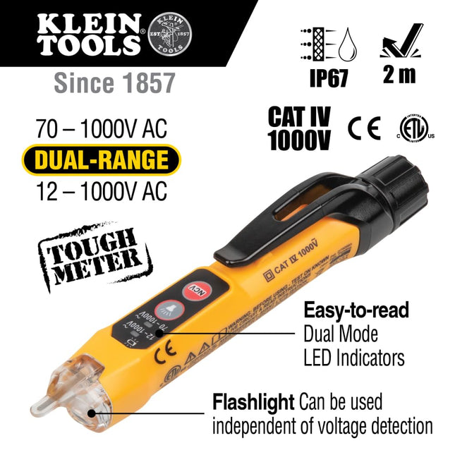 Klein Tools NCVT3P Dual Range Non Contact Voltage Tester, 12-1000V AC Pen, Flashlight, Audible and Flashing LED Alarms, Pocket Clip