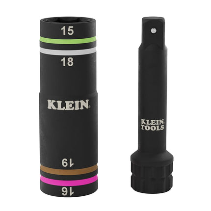 Klein Tools 6513MQS KNECT Impact-Rated Quad Socket Set, 4-In-1 Flip Socket Driver, Color-Coded, Heavy Duty Multi Tool, 3/8-Inch Drive, Metric 15mm, 16mm, 18mm, 19mm, KNECT Multi-Purpose Adapter