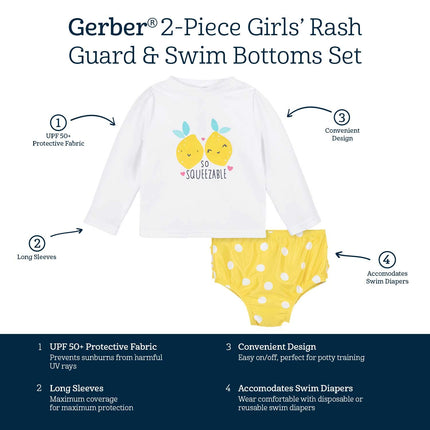 Gerber Girls' Baby Toddler Long Sleeved Rashguard Swim Bathing Suit Set, White Yellow Lemons, 5T