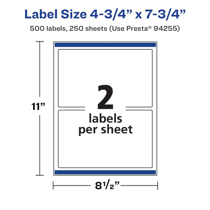Avery Matte White Rectangle Labels with Sure Feed, 4.75" x 7.75", 500 Matte White Printable Labels