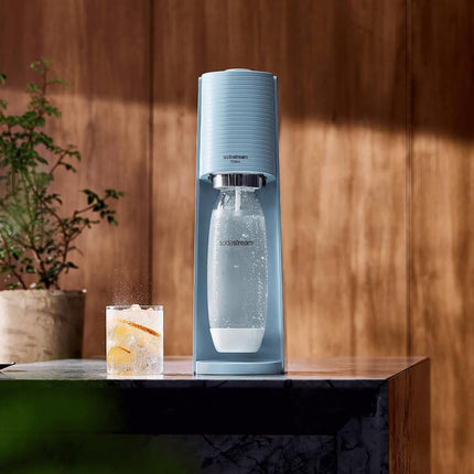 Sodastream - Terra Misty Blue Plastic Sparkling Water Maker with Lime Bubly Drop, Quick Connect CO2, Eco-Friendly Reusable Bottle, Stylish Kitchen Appliance