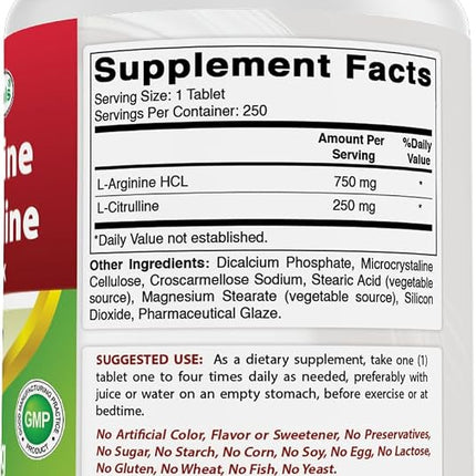 Best Naturals L-Arginine L-Citrulline Complex 1000 mg 250 Tablets (250 Count (Pack of 2))