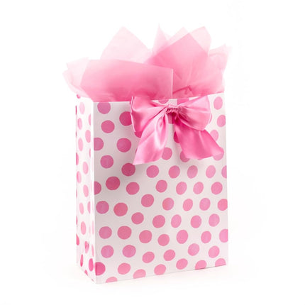 Hallmark Extra Large 15" Gift Bag with Tissue Paper (Pinky Dots and Bow) for Birthdays, Easter, Baby Showers, Bridal Showers, All Occasions