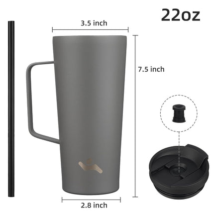 Konokyo Insulated Tumbler with Handle and Straw, 22 OZ Travel Coffee Mug Stainless Steel Cup Metal Water Bottle,Grey