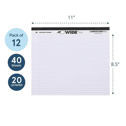 ROARING SPRING Wide Landscape Legal Pad, White, 12 Pads, 11" x 9.5", College-Ruled with Margin, 20 lb Recycled Paper, 40 Perforated Sheets, Made in USA