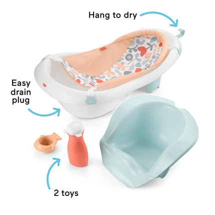 Fisher-Price Baby and Toddler Bathtub 4-in-1 with Removable Baby Seat and 2 Toys, Summer Blossoms