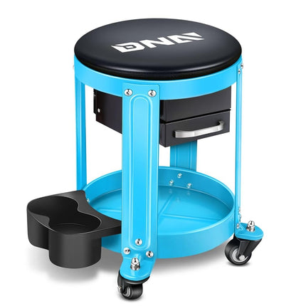 DNA MOTORING Round Mechanics Roller Seat Creeper Stool with Padded Cushion, Tool Storage Drawer & Tray, 300 Lbs Max Weight Capacity, Blue, TOOLS-00492