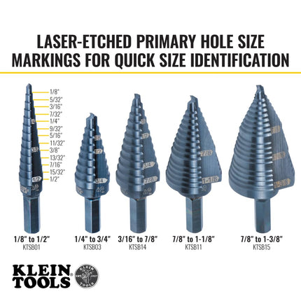 Klein Tools KTSB01 Step Drill Bit Double-Fluted #1, 1/8 to 1/2-Inch with Easy-to-Read Markings and Targets, 3/8-Inch Hex Shank
