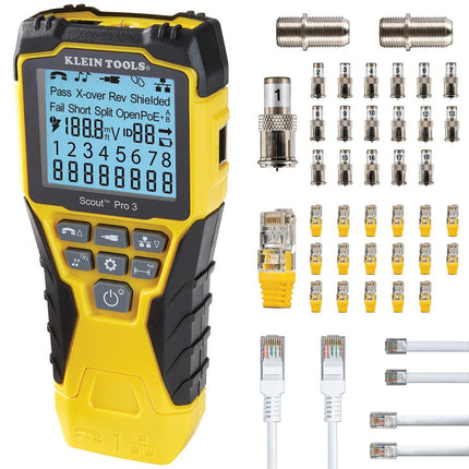 Klein Tools VDV501-852 Testeur de câble Scout Pro 3 Kit localisateur avancé – Testeur de câble Voix Données Vidéo pour RJ11 RJ12 RJ45 et Coax, Mesure la longueur de câble jusqu'à 610m, Test PoE et 18 télécommandes de mappage