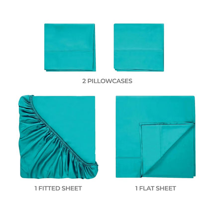 Superior 300 Thread Count Egyptian Cotton Sheet Set, Solid Bedroom Sheets, Bedding, Essentials, Home Basics, 1 Elastic Deep Pocket Fitted Bed Sheet, 1 Flat Sheet, 1 Pillowcase, Twin XL, Teal