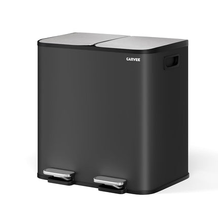 GarveeHome 2 x 4 gal Stainless Steel Double Trash Can with Lid for Kitchen, Large Dual Trash and Recycle Bin Combo, Step-on Kitchen Metal Garbage Cans, PP Inner Buckets, Liner Rim, Black
