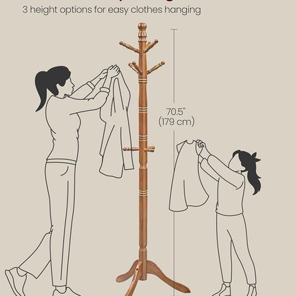 VASAGLE Wooden Coat Rack with Hooks, Traditional Design, Adjustable Height