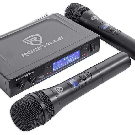 Rockville RWM1203VH Dual Wireless Handheld Microphone System, 2 Mics, VHF Long Range, Clear Sound, Digital Display, for Karaoke, Stage, Church, Live Events