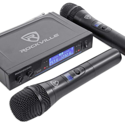 Système de microphone sans fil double Rockville RWM1203VH, 2 micros, VHF longue portée, son clair, affichage numérique, pour karaoké, scène, église, événements en direct
