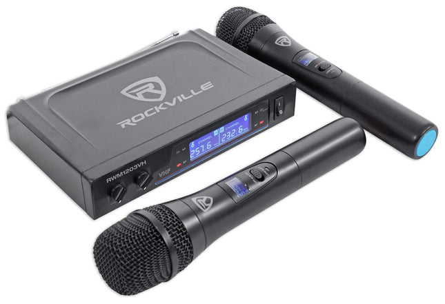 Système de microphone sans fil double Rockville RWM1203VH, 2 micros, VHF longue portée, son clair, affichage numérique, pour karaoké, scène, église, événements en direct