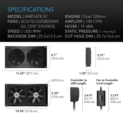 AC Infinity AIRPLATE S7, Quiet Cooling Fan System 30cm with Speed Control, for Home Theater AV Cabinet Cooling, 12-Inch