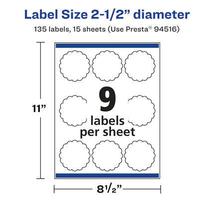 Avery Matte White Removable Round Scalloped Labels with Sure Feed Technology, Print-to-The-Edge, 2.5" Diameter, 135 Removable Labels, Laser/Inkjet Printable Labels